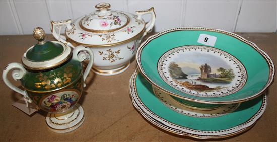 English porcelain- 3 dessert dishes, a sugar bowl and cover, and a Derby vase and cover(-)